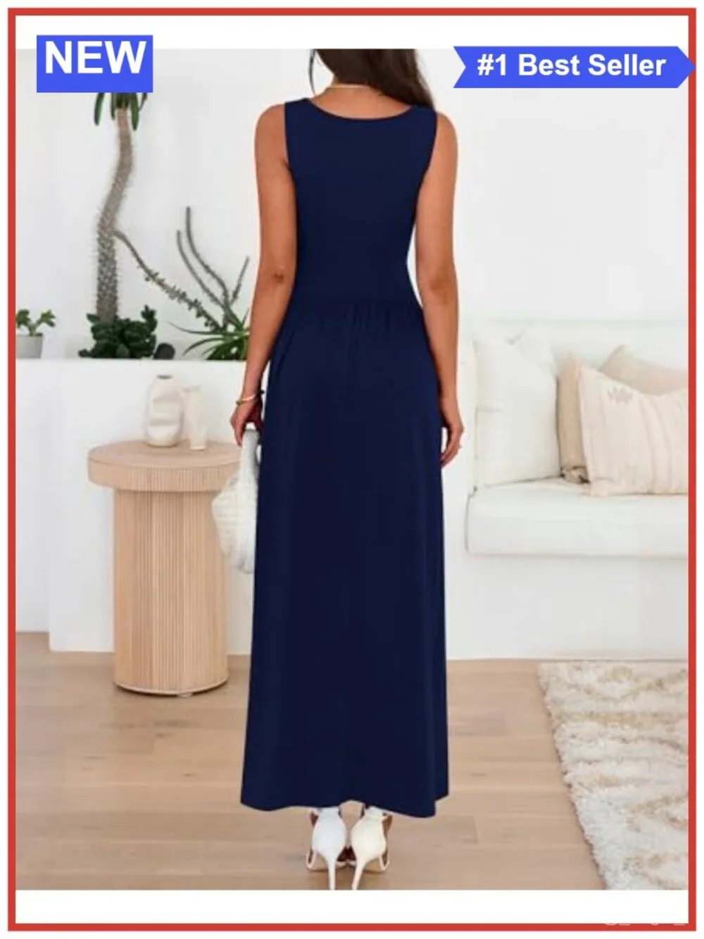 Sleeveless Casual Maxi Dress with Pockets, High Waist A-Line (Knit, Stretchy)